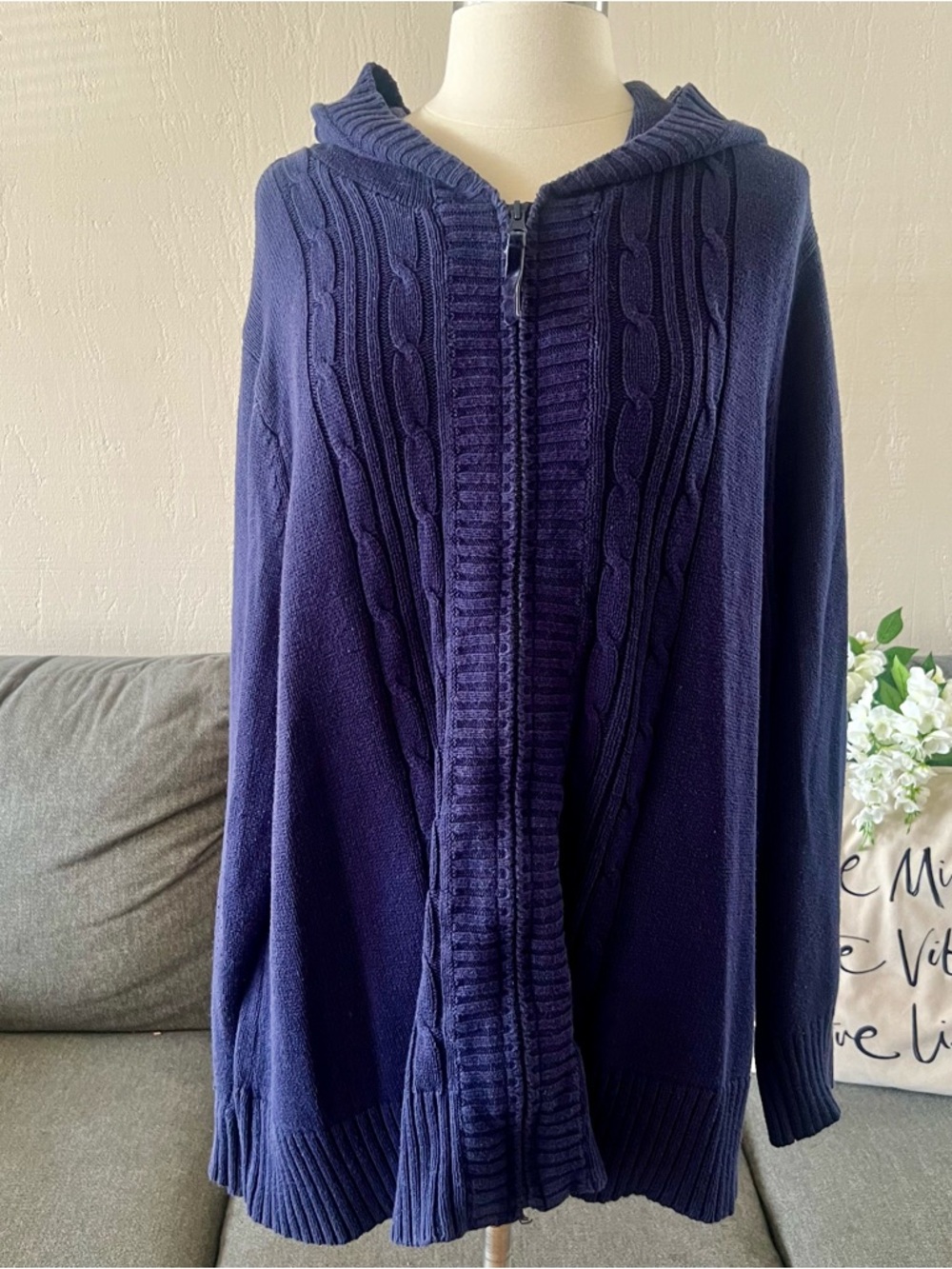 JMS Blue Cable Knit Hooded Zip Cardigan